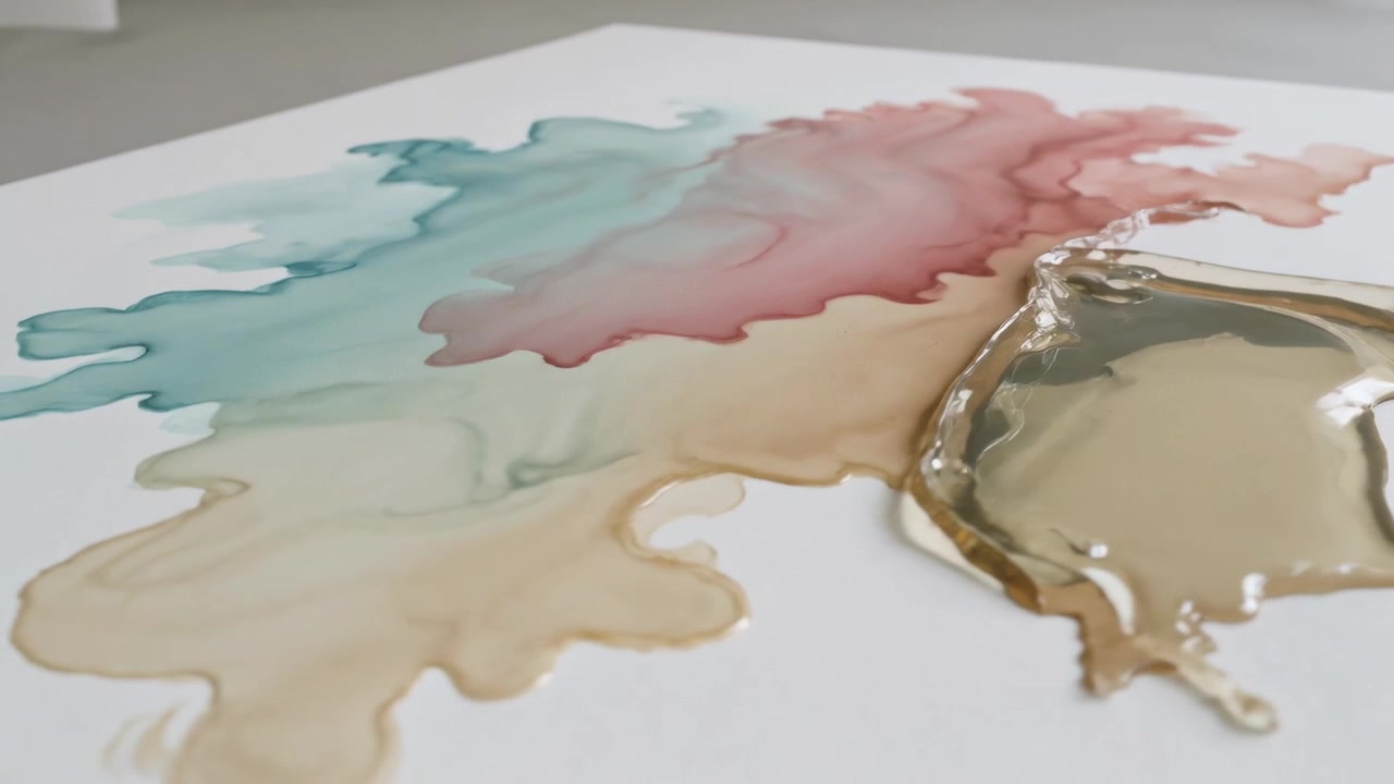 Versando oro metallico che forma una pozzanghera e si sparge su carta bianca con sfumature verde acqua, rosa e beige.