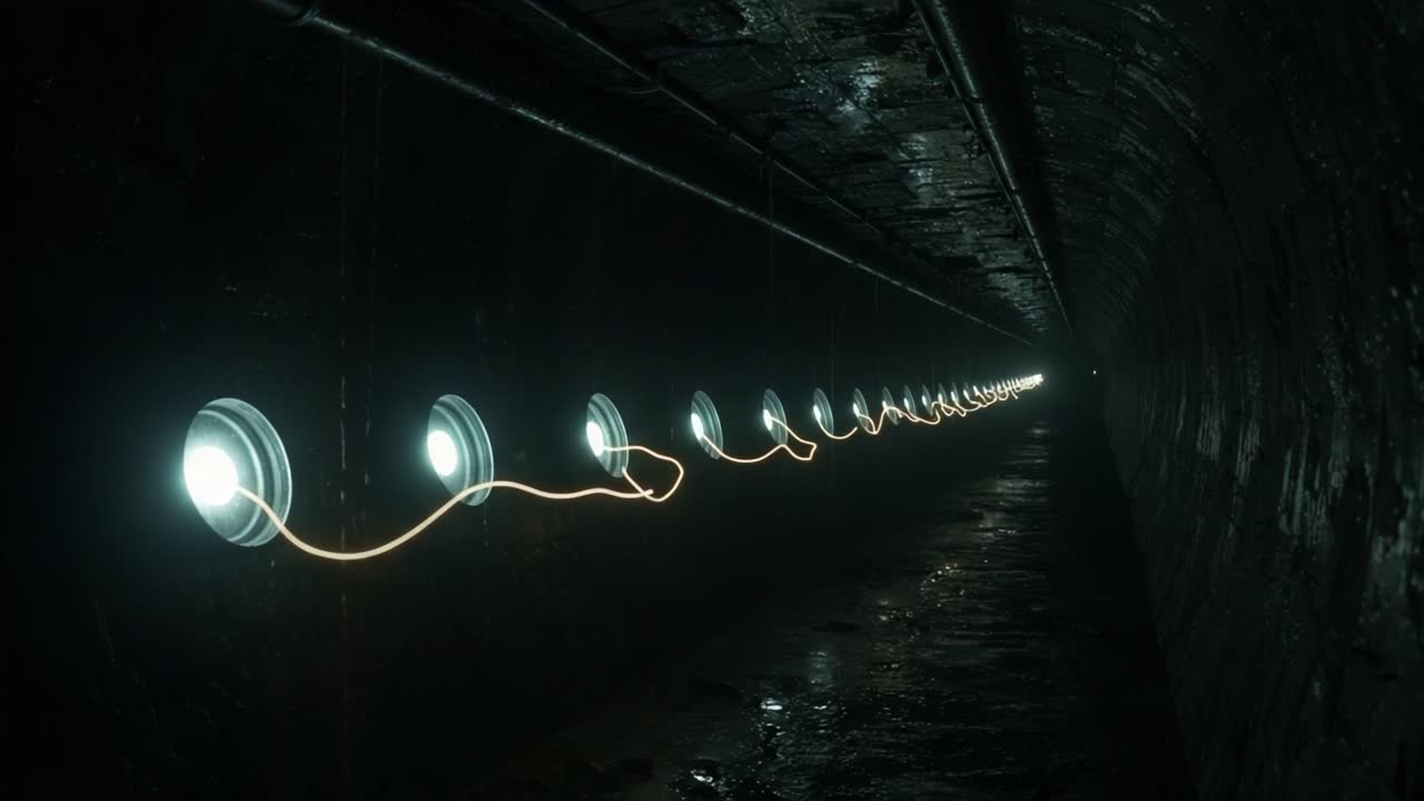 An Intriguing Perspective of a Dark Tunnel Illuminated by Bright Circular Lights, Revealing the Depths of a Subterranean Passageway and Its Mysterious Atmosphere