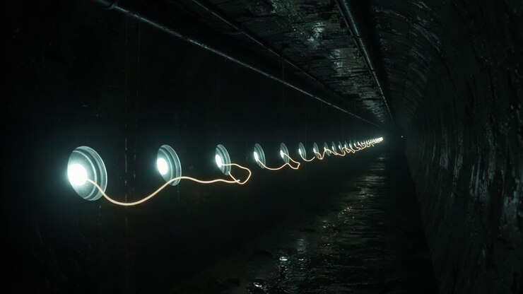 An Intriguing Perspective of a Dark Tunnel Illuminated by Bright Circular Lights, Revealing the Depths of a Subterranean Passageway and Its Mysterious Atmosphere