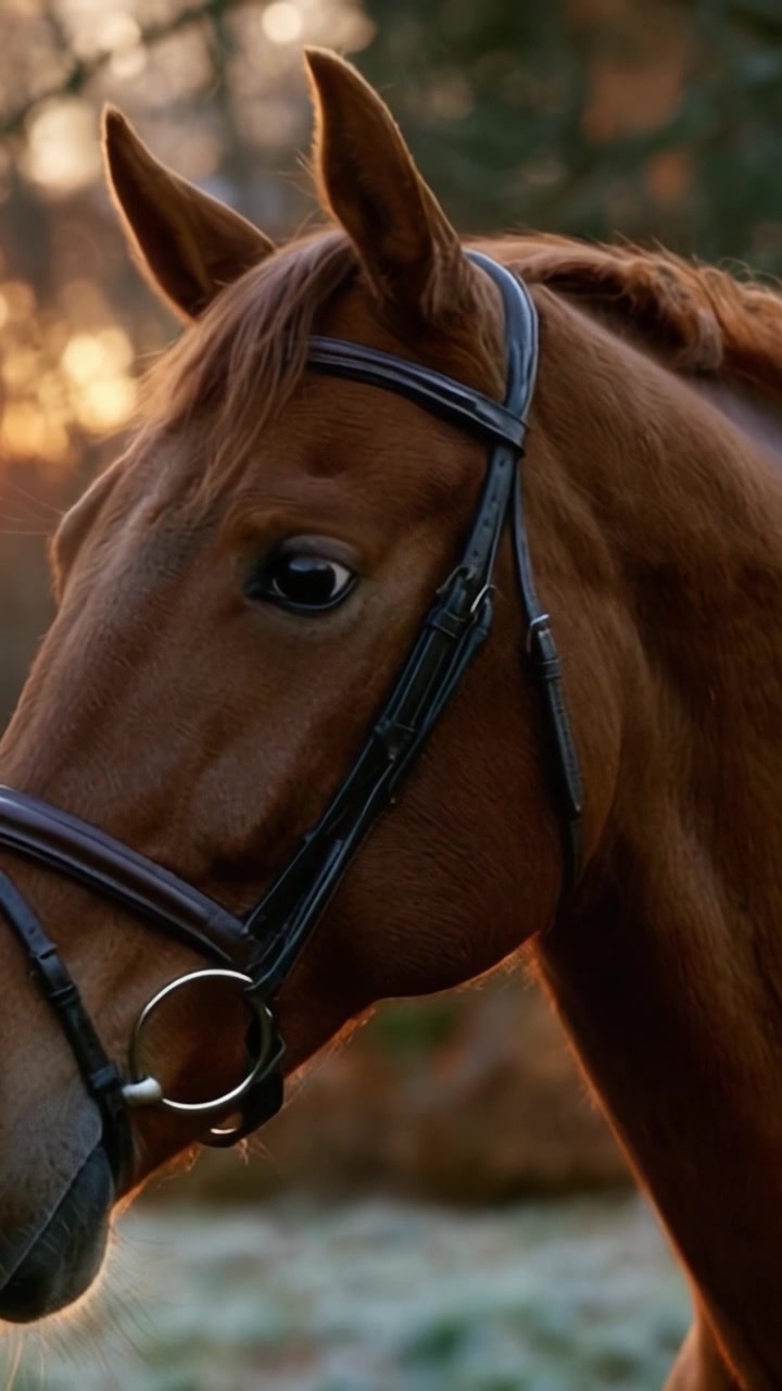 Momenti accattivanti di un cavallo castano nel crepuscolo tranquillo, mettendo in mostra la grazia e la bellezza della vita equina in un ambiente naturale sereno.