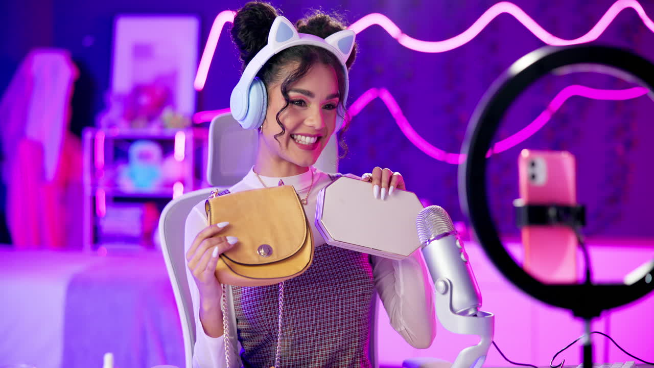 Woman recording podcast or vlog with microphone and ring light