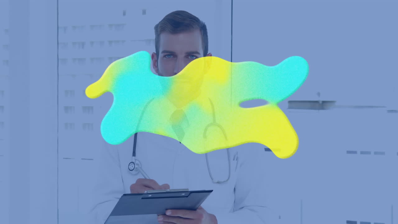 animación de una mancha verde y amarilla brillante sobre un médico masculino con un portapapeles