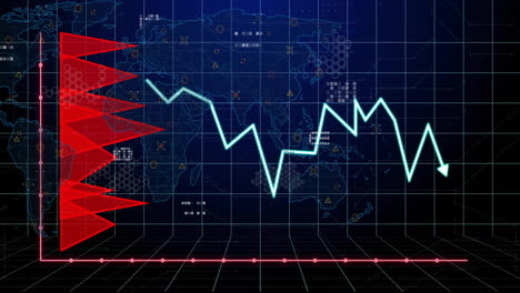 financial data and stock market decline animation over world map background