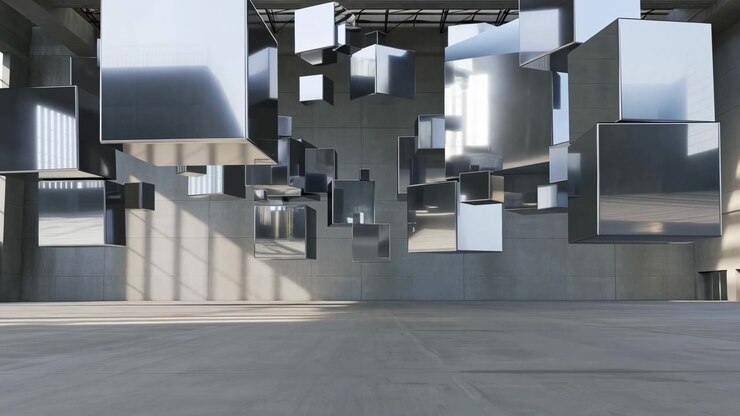 Agrupamento de cubos de metal polido suspenso no espaço superior de uma espaçosa galeria industrial, refletindo a luz do dia, paredes de concreto, janelas altas e sombras suaves em um interior moderno e limpo.