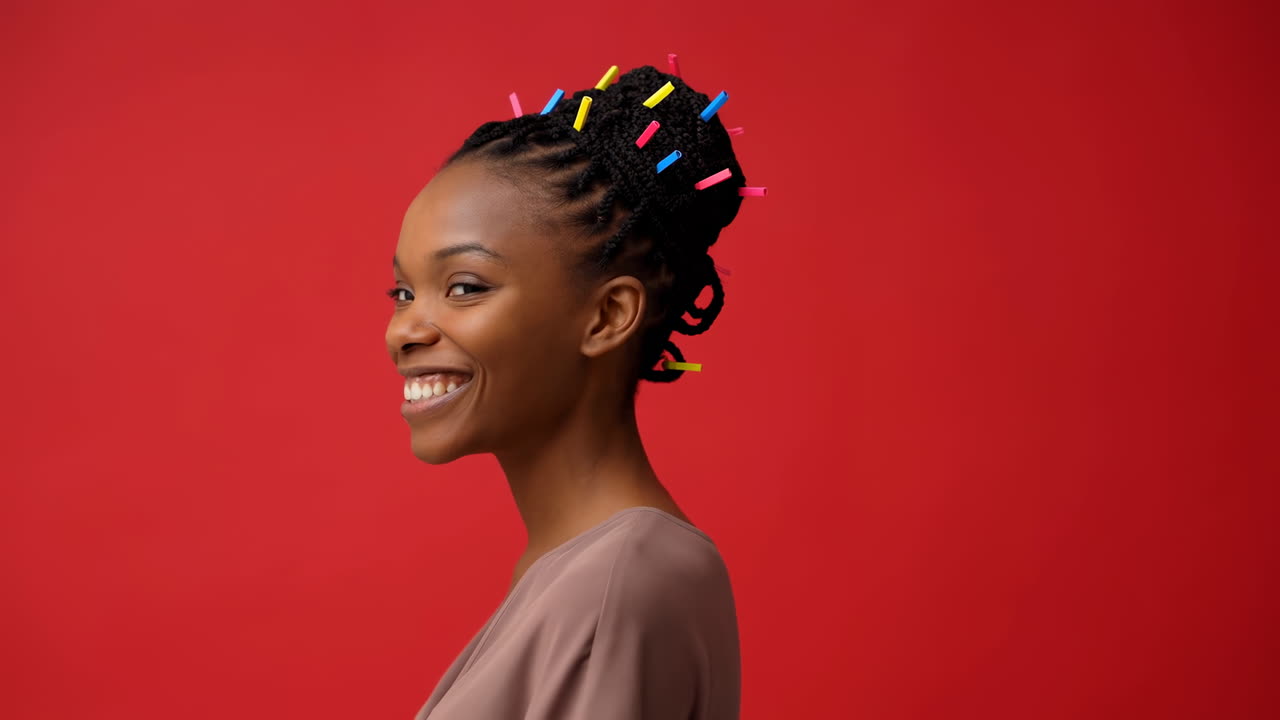 Giovane donna di colore sorridente con fermagli per capelli colorati su sfondo rosso
