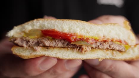 succulent cheeseburger, pressed to reveal juices, tomato sauce, cheese, pickles, and meat