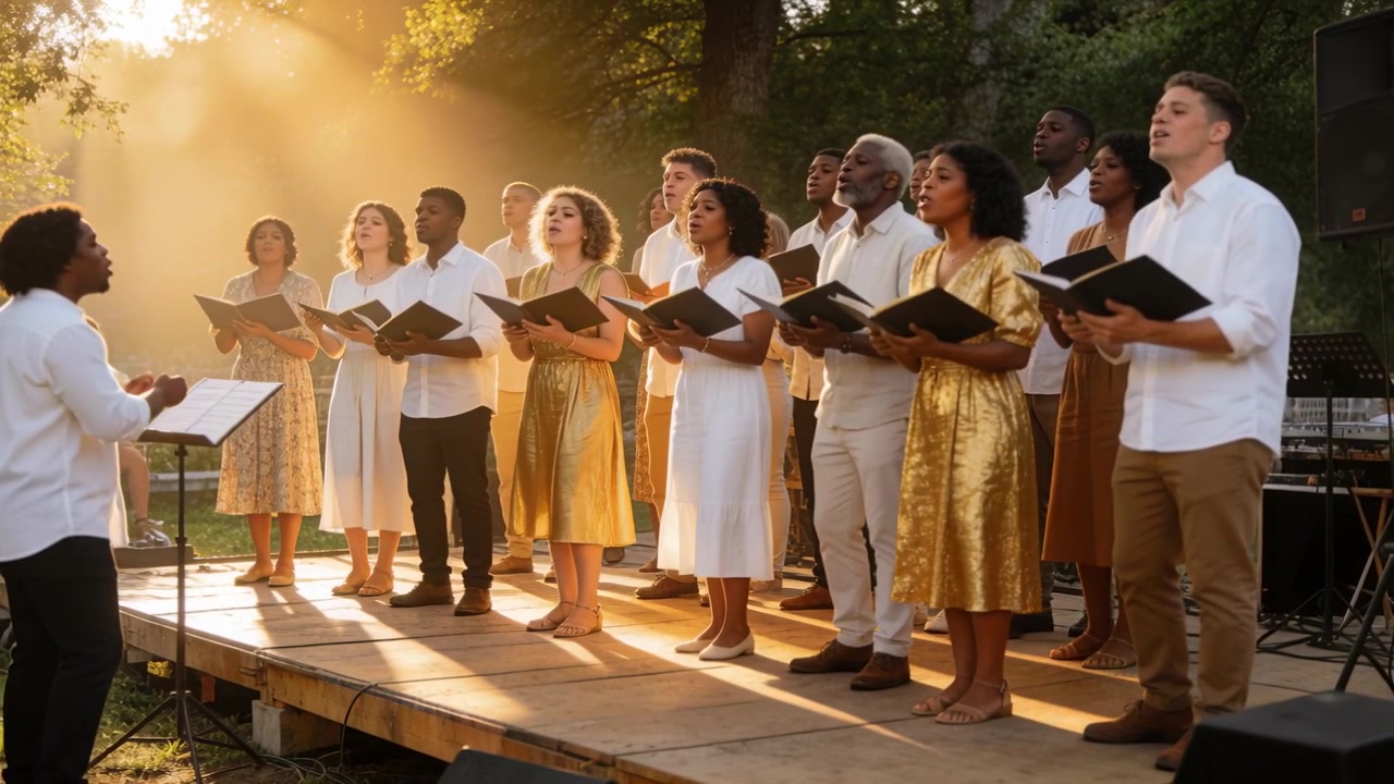 Leading conductor starting cues, choir singing on park stage with black folders, wearing white gold