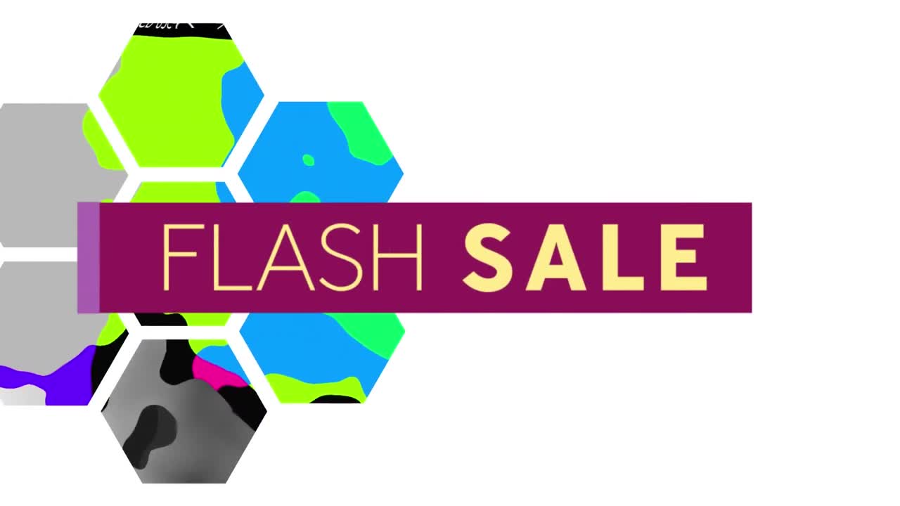 Animation of text flash sale in purple banner, with swirling colours in hexagons, on white