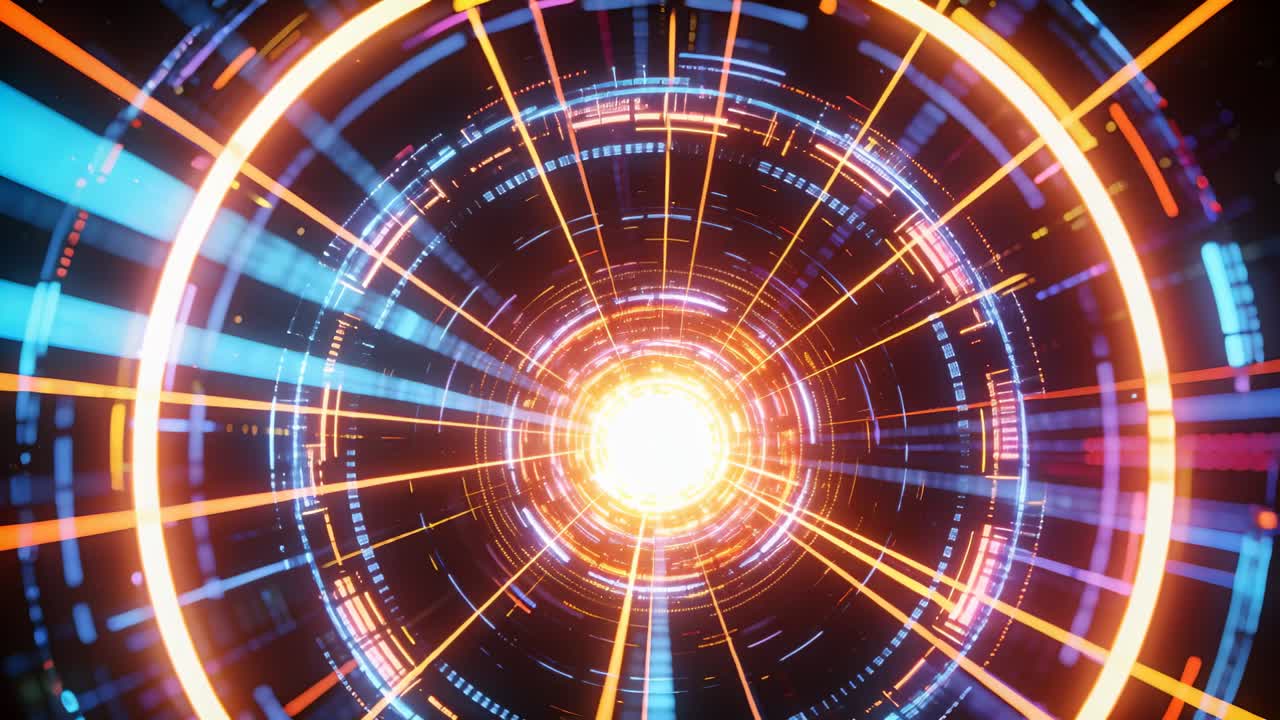Nucleo luminoso pulsante che aziona anelli rotanti, spazzando via ticchettii digitali e fasci blu, aggiungendo profondità.