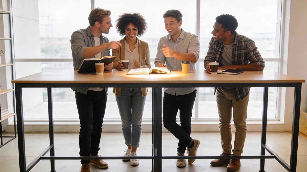 Quattro persone a un tavolo d'ufficio, quello a sinistra si allunga, gli altri indicano un libro aperto, lavorando in abbigliamento business casual.