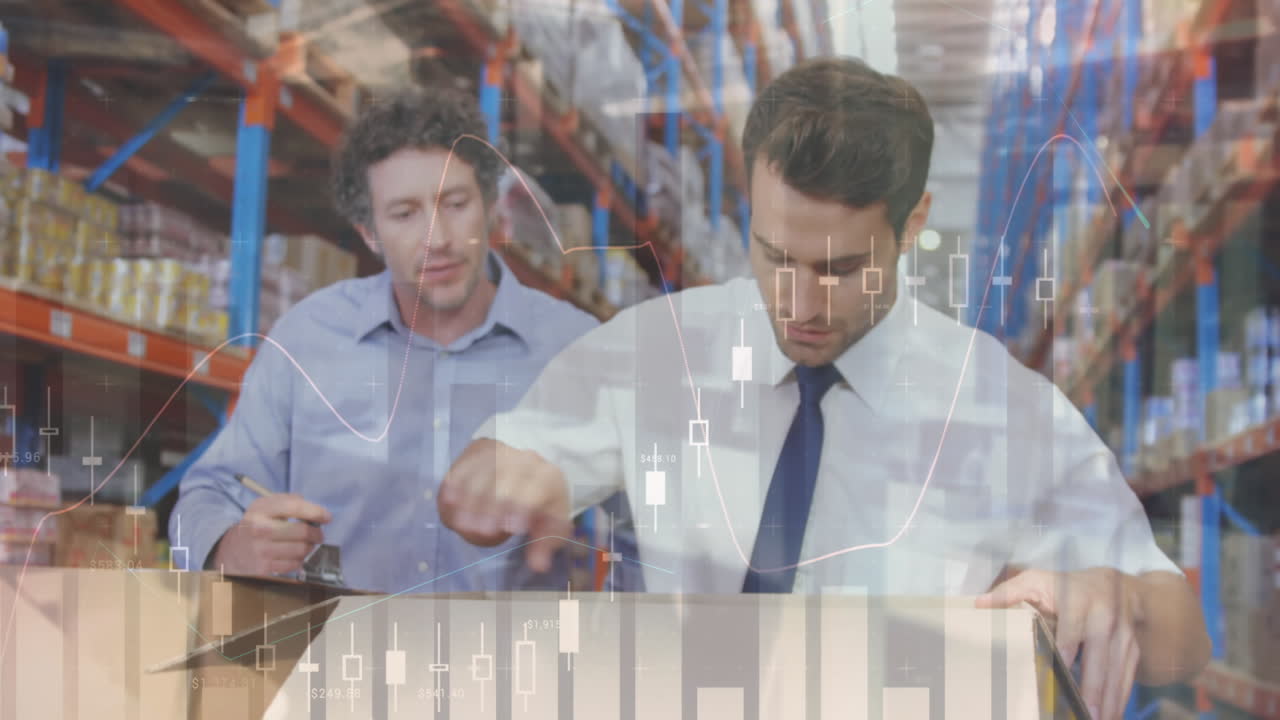 창고에서 일하는 사람들에 대한 데이터 처리의 애니메이션