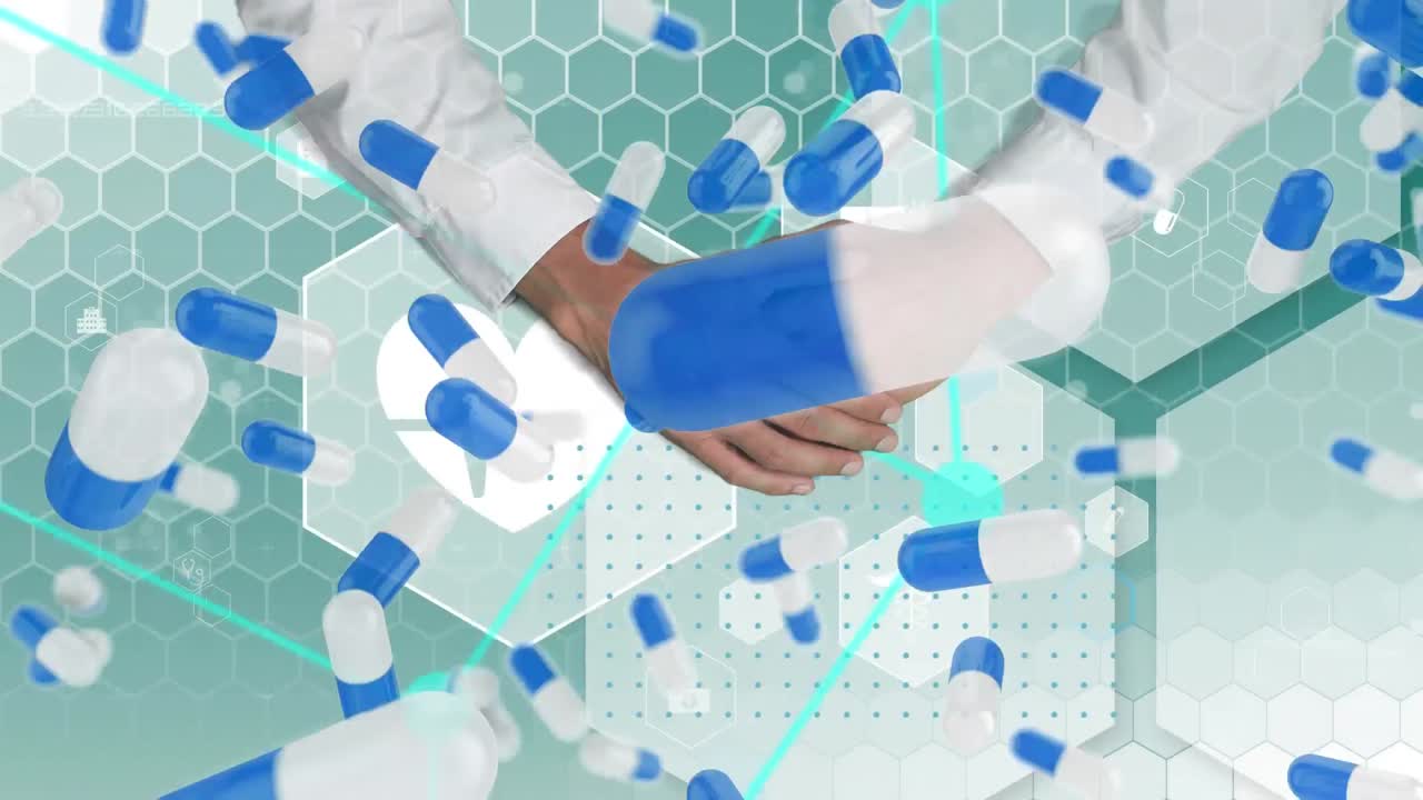 배경에 떨어지는 알약 위의 손의 애니메이션.