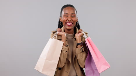 woman, winner and shopping bag for discount