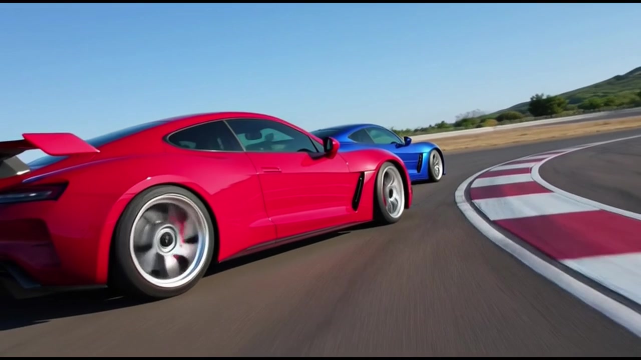 Auto sportive rosse e blu che gareggiano su una pista da corsa