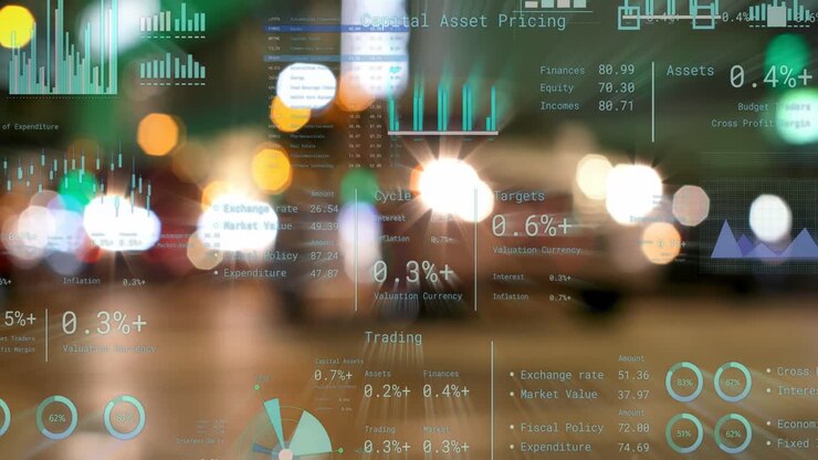 Animation of financial data processing over city