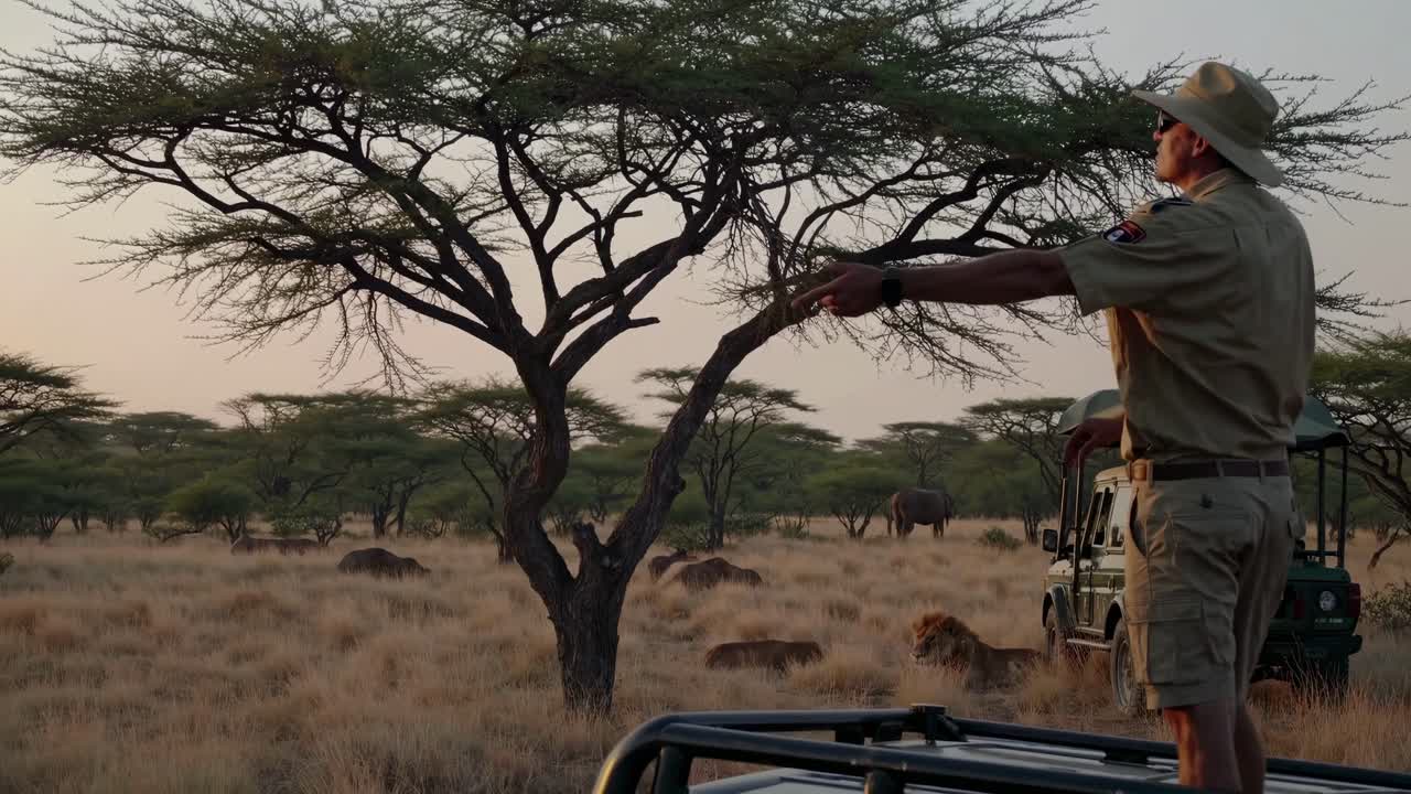 Safari guide gestures from a vehicle roof in a wildlife reserve