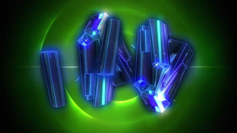 digital animation of blue crystals against green spiral light trails on black background