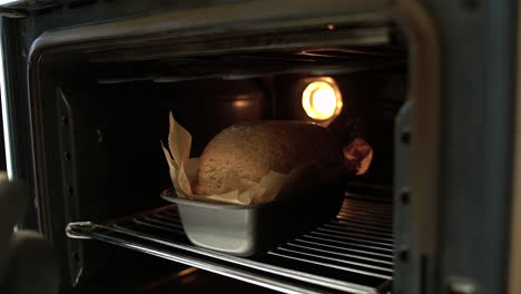 pov of female hands taking freshly baked bread out of oven