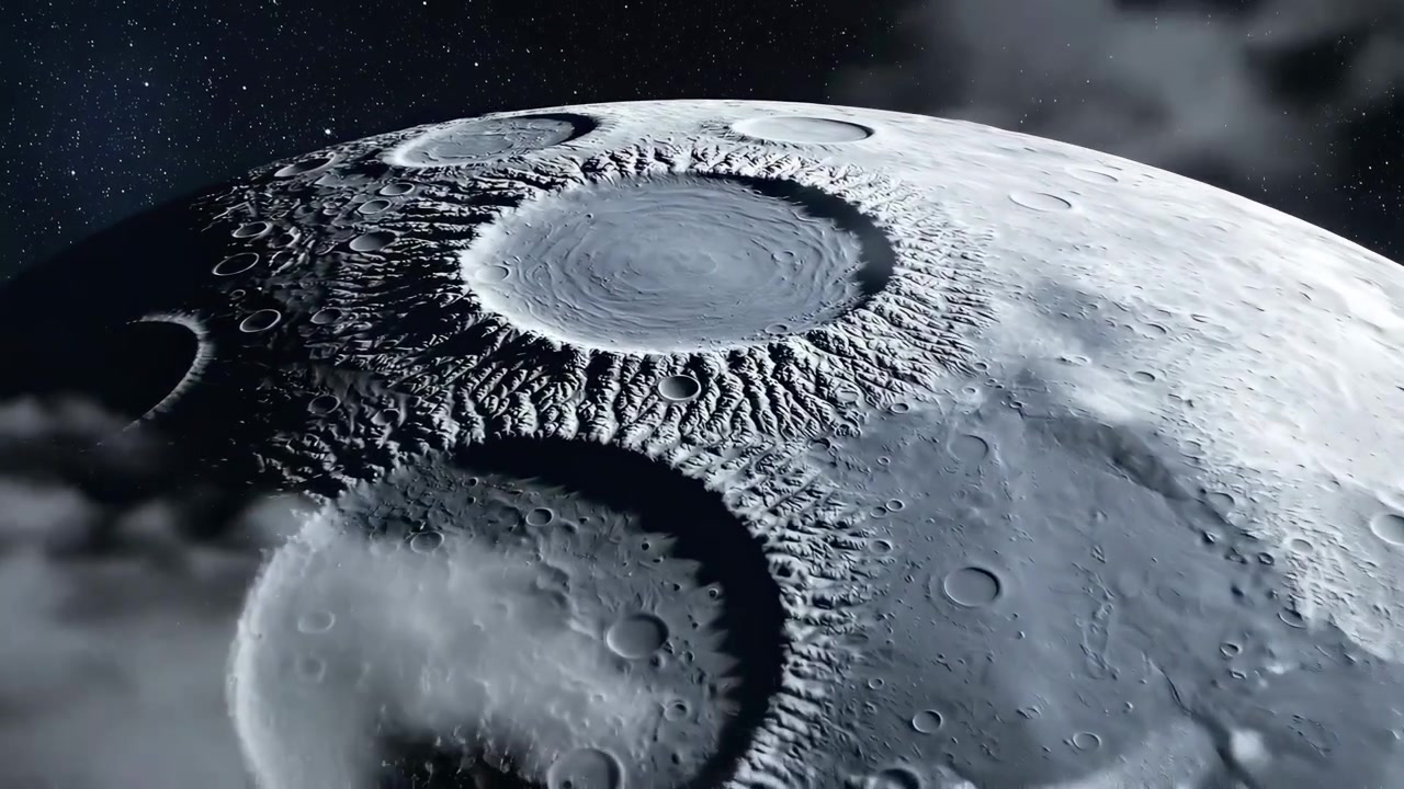 Close-up Cinematográfico da Superfície da Lua com Crateras e Nuvens