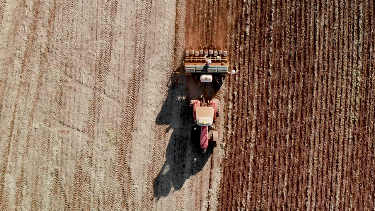 toma de vista aérea de un agricultor en la siembra de tractores, sembrando cultivos agrícolas en el campo