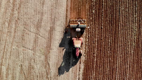 aerial view shot of a farmer in tractor seeding, sowing agricultural crops at field