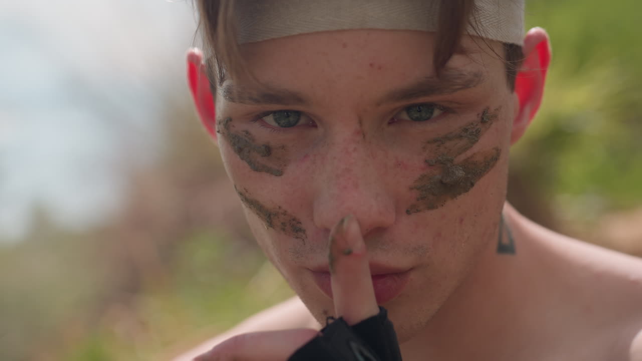 Fierce young warrior with muddy streaks across face stares intensely while placing gloved finger over lips in silent command gesture, standing shirtless in sunlit outdoors, evoking strength