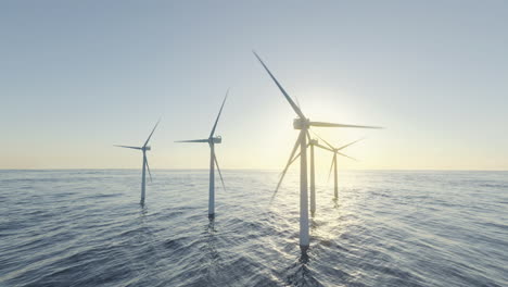 wind turbines generating alternative and clean green energy, wind farm in the ocean, climate change solution, rotational pan, aerial 3d render