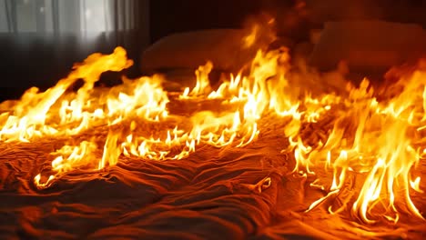 a bed with a fire burning on top of it