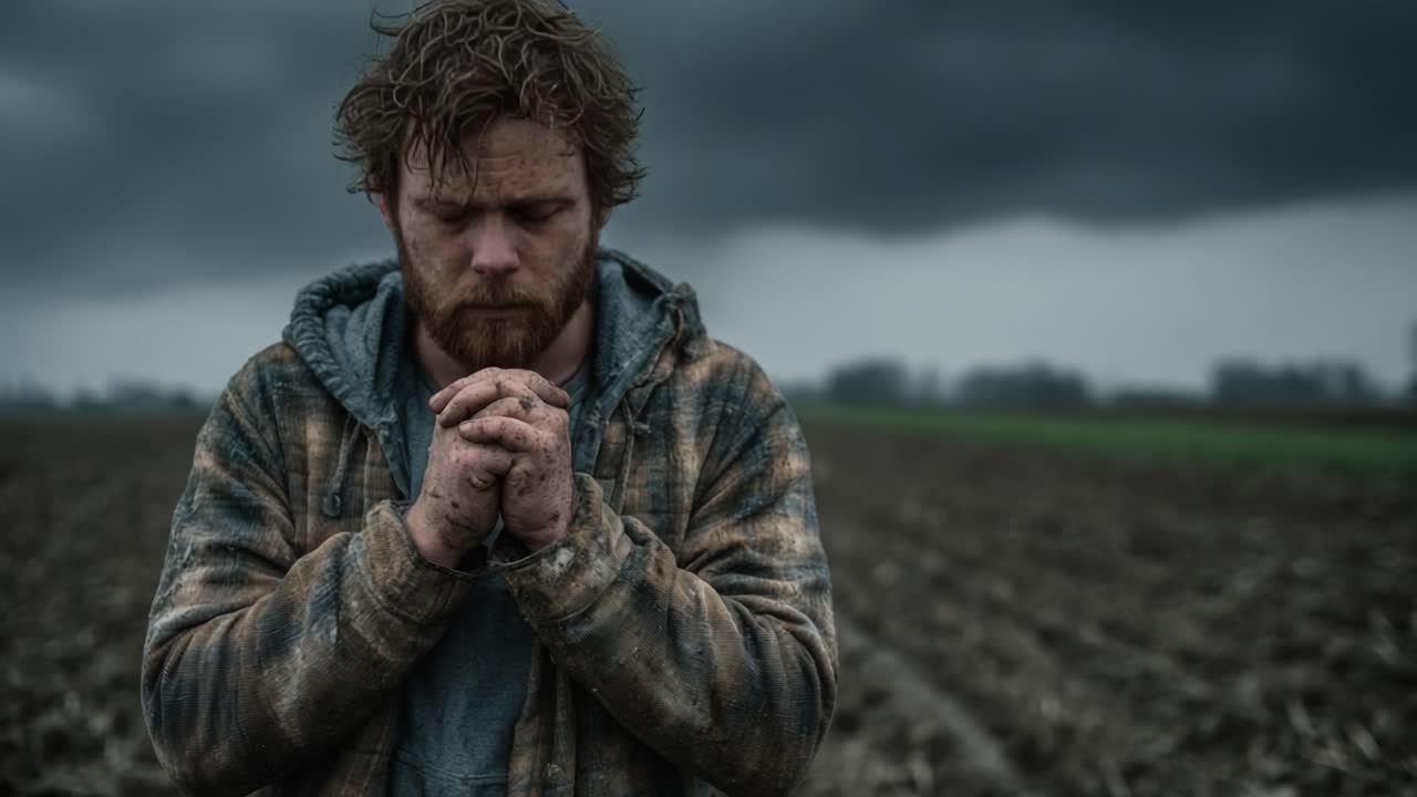 A Somber Reflection on Nature's Fury: Capturing the Emotion of a Farmer Amidst Stormy Skies and a Barren Field in a Powerful Moment of Contemplation