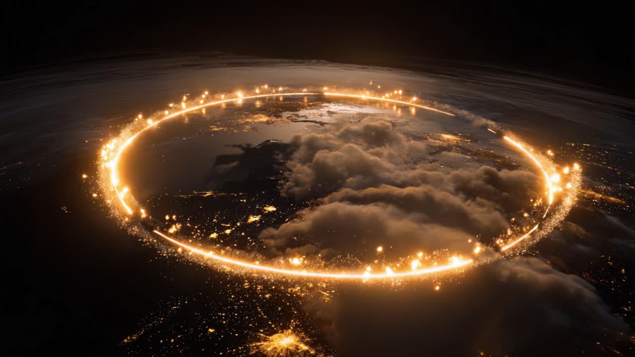 Glowing golden circle of powerful energy with exploding sparks enveloping planet Earth from space, revealing illuminated continents, city lights, and clouds in the vast darkness of the cosmos