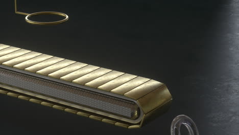 3d satisfying video of looped animation with soft bubble falling on golden mechanical conveyor