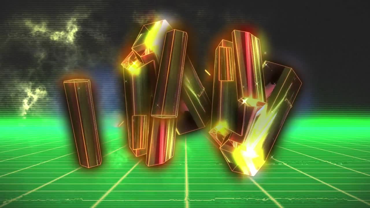 빛나는 녹색 그리드 위에 움직이는 노란색 구름의 애니메이션