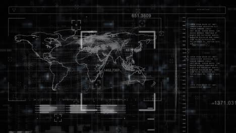 esta es una animación digital de un tablero blanco con análisis de datos y un mapa de la tierra en un pantalla verde.