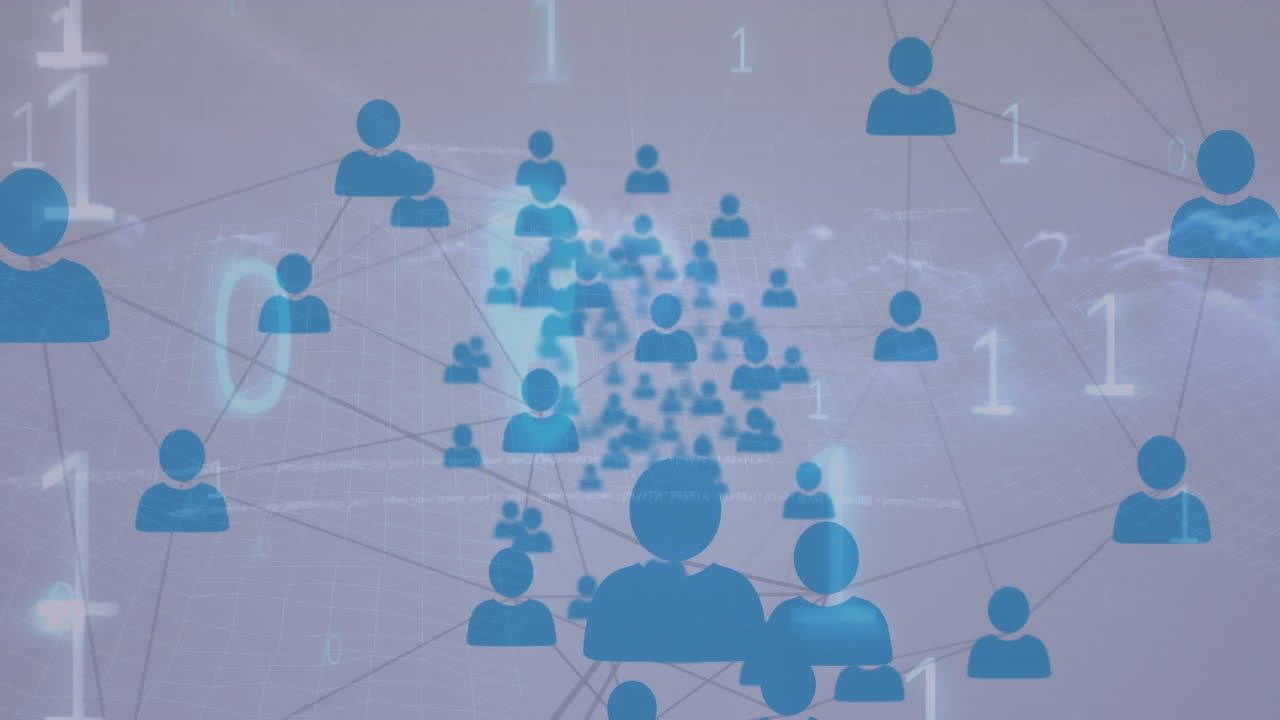 아이콘과 하늘 위의 지구로 연결된 네트워크의 애니메이션