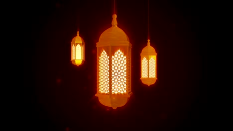 glowing celebration lantern hanging from ceiling on dark background. ramadan kareem islamic motion background. 3d loopable animation.