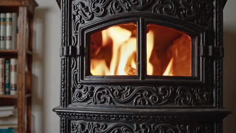 antique wood stove with burning fire