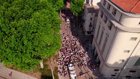 aerial shot overhead a gay pride festival in the streets of montpellier