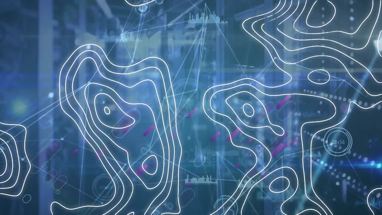 Animation of white map lines and data processing over computer servers