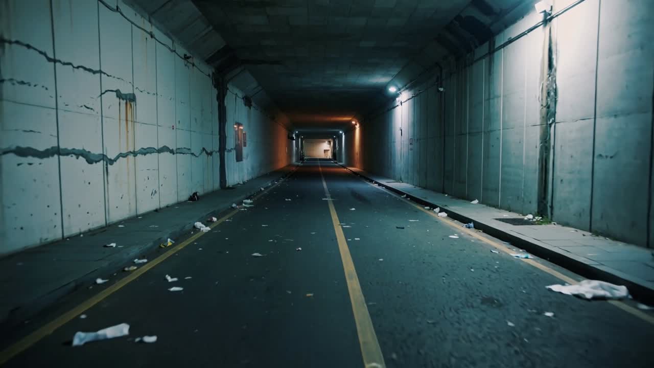 Telecamera in movimento che entra in una galleria stradale, mostrando la linea centrale gialla, i rifiuti e le pareti verso un'uscita illuminata d'arancione.