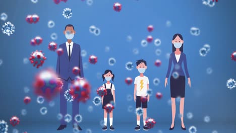 las células del coronavirus se extienden por la familia con máscaras.