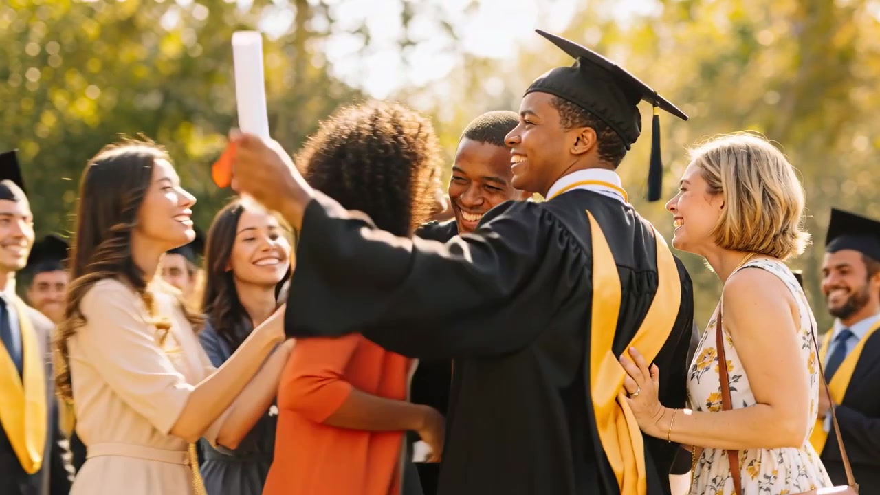 Celebrating graduate receiving diploma, classmates hugging mortarboard and yellow stole on campus
