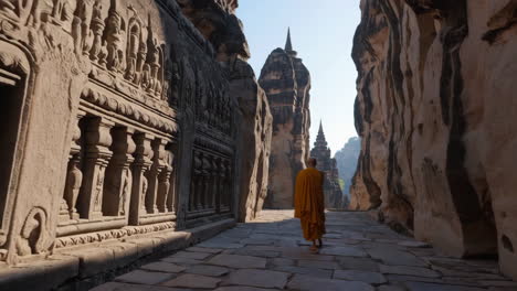 a monk walks through ancient stone temples and pagodas