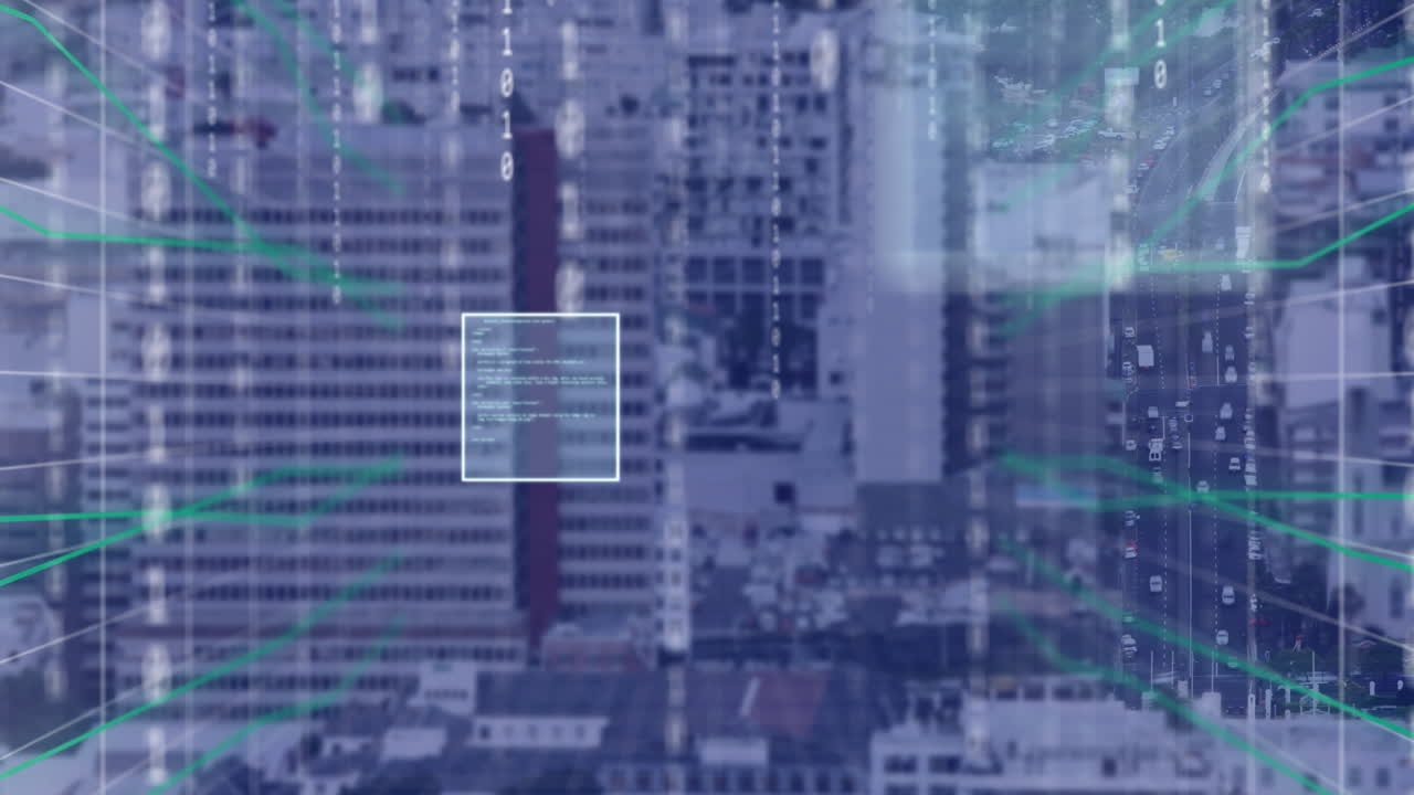 Animation of data processing over cityscape