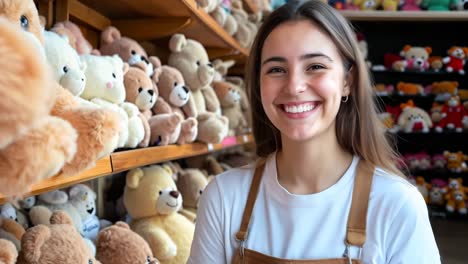 una mujer de pie frente a un estante de osos de peluche