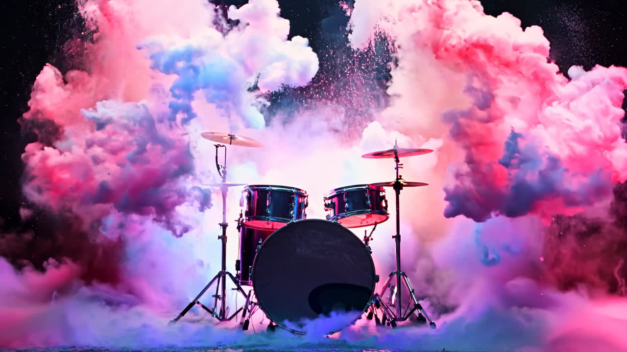 A pair of drums is surrounded by a cloud of colorful smoke. The smoke is pink, blue, and purple, and it looks like it's coming from the drums. The scene is dynamic and energetic, with the drums
