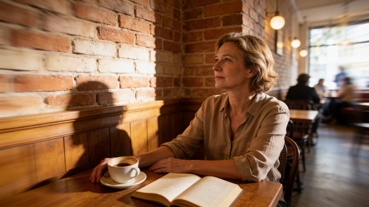 Guardando verso la luce della finestra, una donna che indossa una camicia beige, tiene una tazza di caffè e un libro aperto in un caffè.