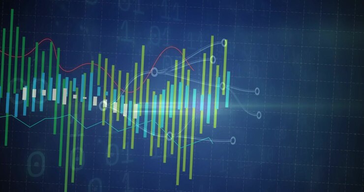 Graf s příchozími daty, sloupce rostoucí dovnitř a splývající s pulzujícími uzly, ukazující trendy