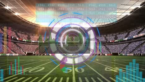 animation of round scanner spinning and data processing against sports stadium