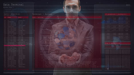 Animation-Der-Datenverarbeitung-über-Kaukasischen-Geschäftsmann-Und-Globus