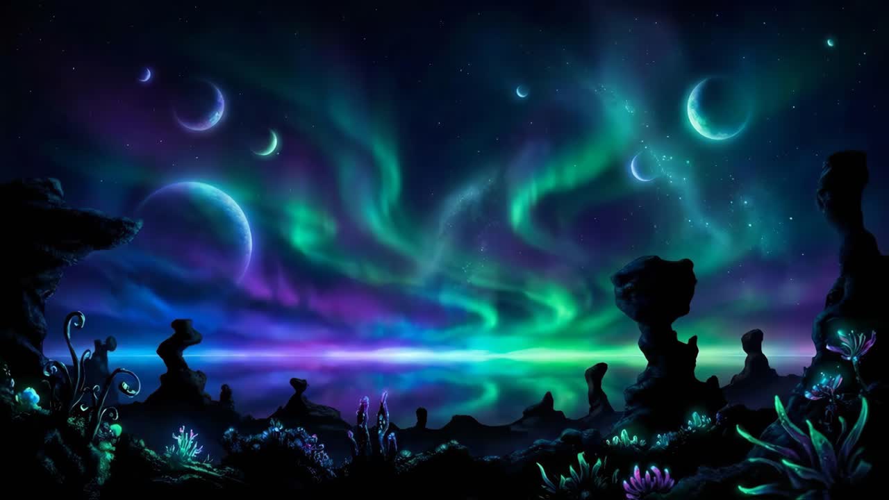 Fantastiskt främmande landskap med norrsken och planeter